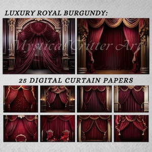 Carta digitale Royal Burgundy di lusso, sfondi per tende ornate bordeaux e oro, carta scrapbook stampabile, download immediato