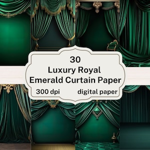 Luxus Royal Emerald Digital Paper, Smaragd und Gold verzierte Vorhang Hintergründe, druckbares Scrapbook Papier, sofortiger Download, kommerzielle Nutzung