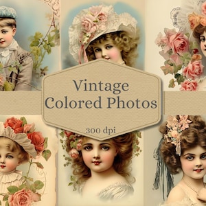 Gekleurde Vintage mensen foto's dagboekkaarten Junk Journal afdrukbare kaart maken Ephemera complete set, direct downloaden