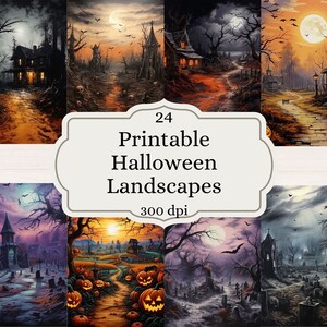 Printable Halloween Landscapes - 24 Digital Papers, Watercolor Halloween Scenes, Spooky Pages, Junk Journal, Scrapbooking, Card Making