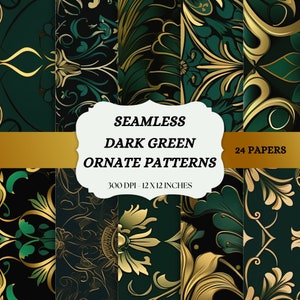 Dark Green Digital Paper, seamless ornate pattern backgrounds printable scrapbook pages instant download commercial use
