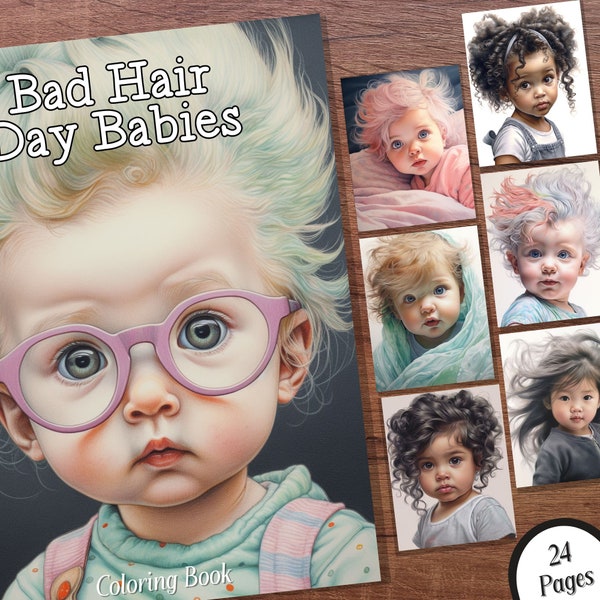 Bad Hair Day Babies Coloring Book - 24 Grayscale Printable Adult Coloring Pages  - Instant Digital Download, PDF