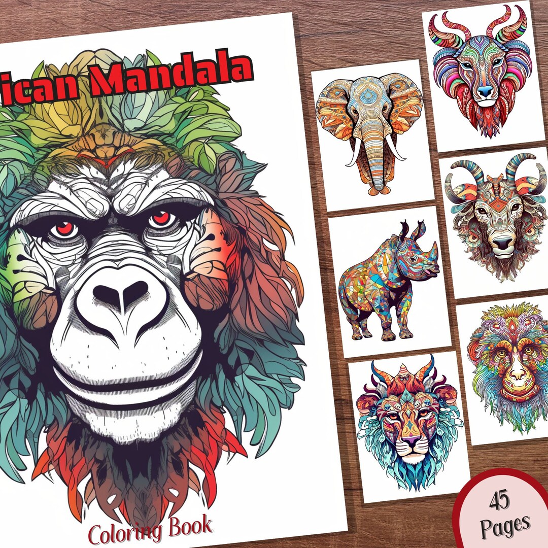 African Animal Mandala Coloring Book - 45 Grayscale Printable Adult ...