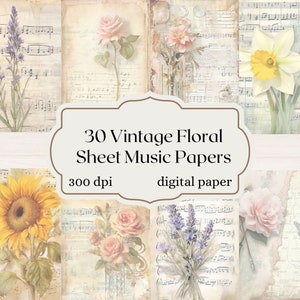Vintage Music Floral Journal Paper páginas de partituras antiguas imprimibles papel de diario basura de 8,5x11 pulgadas, descarga digital