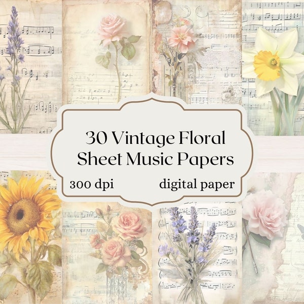 Vintage Music Floral Journal Paper antique sheet music pages printable 8.5x11 inch junk journal paper, digital download