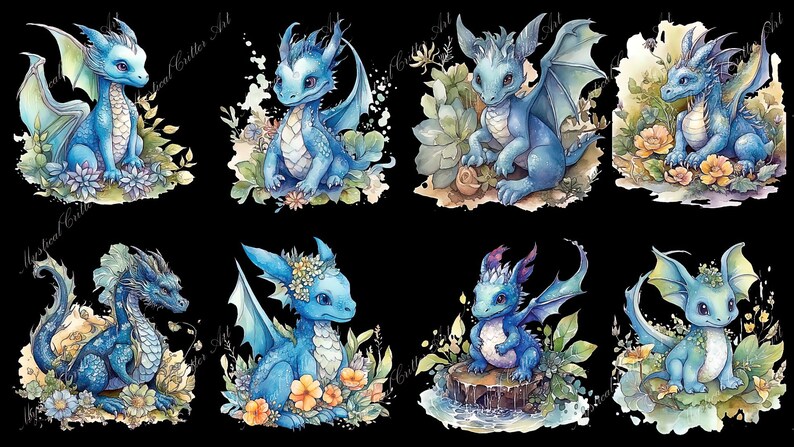 Blue Watercolor Baby Dragon Clipart Fantasy Floral Cute - Etsy