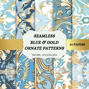 Blue and Gold Digital Paper, seamless ornate pattern backgrounds printable scrapbook pages instant download commercial use