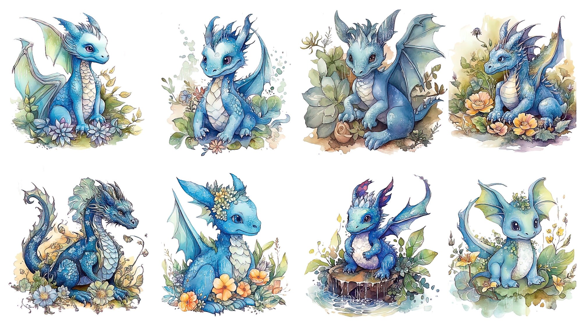 Blue Watercolor Baby Dragon Clipart Fantasy Floral Cute - Etsy