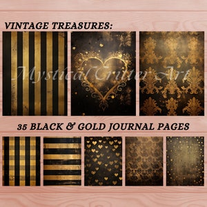 Printable Black and Gold Paper: Damask, Stripes, Dots, Hearts, Distressed Texture, Checkered Designs for DIY Crafts, A4 Digital Paper