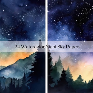 Watercolor Starry Night Digital Paper, Moon and Stars Printable ...