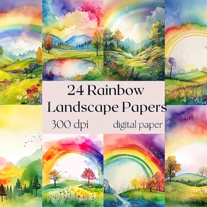 Papéis de paisagem de arco-íris aquarela, papel digital arco-íris textura aquarela scrapbooking uso comercial download digital
