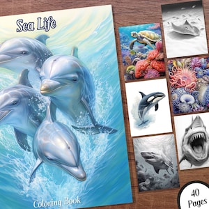 Sea Life Coloring Book - 40 Grayscale Printable Adult Coloring Pages in PDF Format - Instant Digital Download
