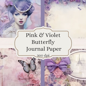 Pink & Violet Butterfly Junk Journal Paper 30 páginas de diario basura digital imprimibles, descarga instantánea