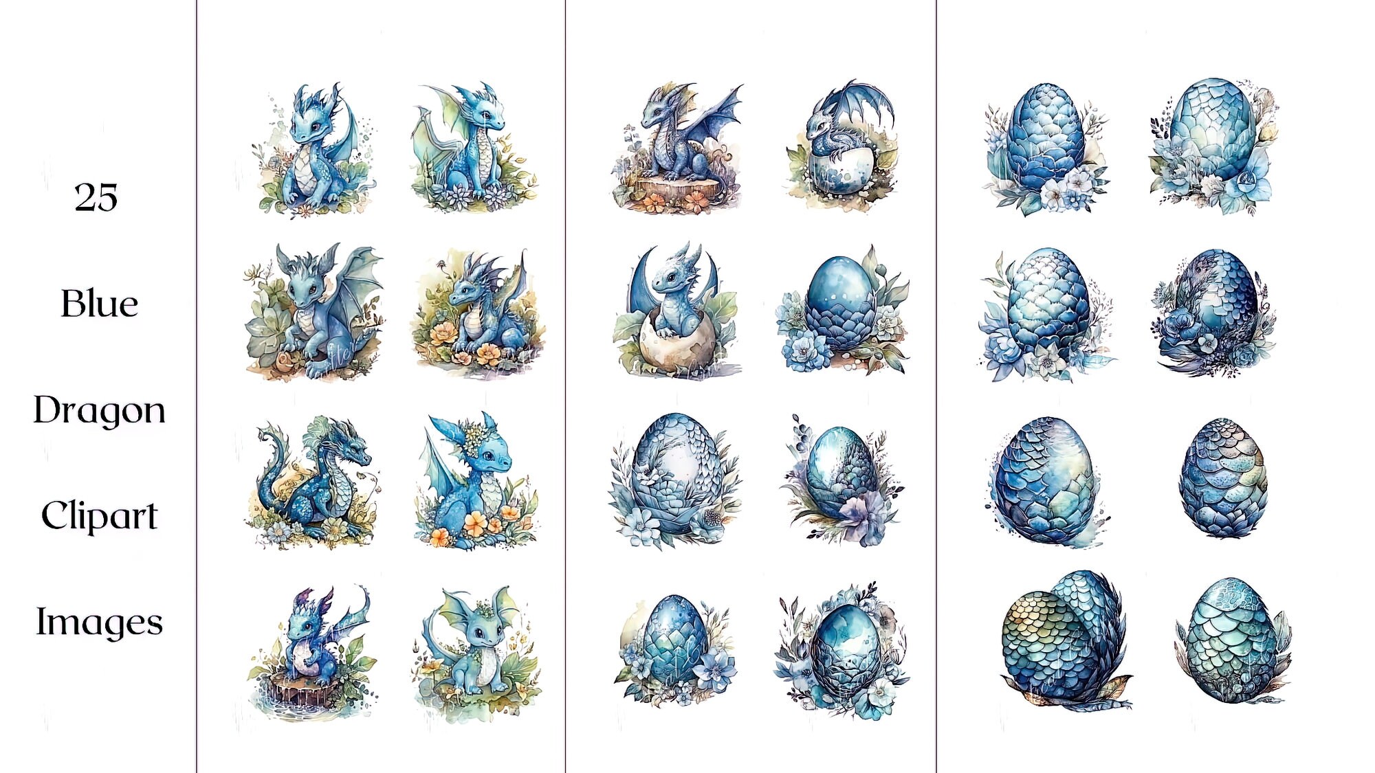 Blue Watercolor Baby Dragon Clipart Fantasy Floral Cute - Etsy