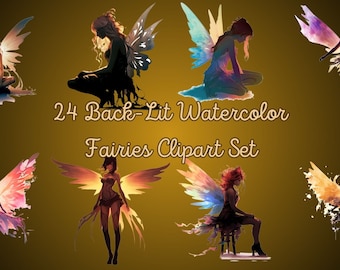 Back-Lit Watercolor Fairy Clipart, fantasy fairies png clip art images, personal or commercial use, digital download