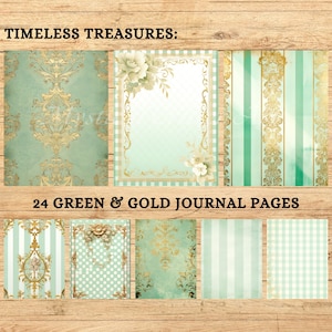 Elegant Green and Gold Junk Journal Papers for Scrapbooking and Crafting, Instant Download
