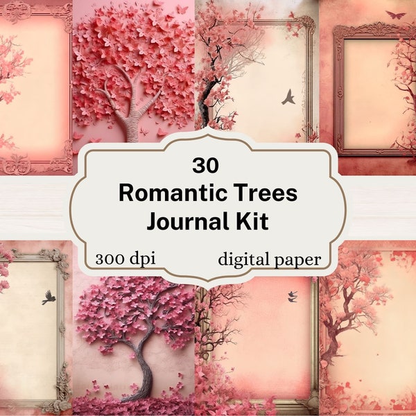 Romantic Trees Junk Journal Kit, notebook digital paper junk journal pages printable 8.5x11 inch paper instant download
