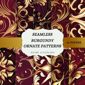 Papier numérique Bourgogne, arrière-plans à motifs ornés sans couture pages de scrapbook imprimables téléchargement instantané utilisation commerciale