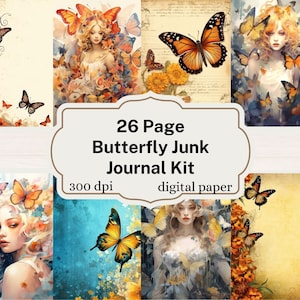 Kit de diário de lixo borboleta - 26 páginas de diário de lixo vintage e vários banners | etiquetas | cartões - download instantâneo