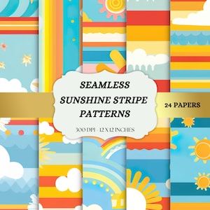 Sunshine Stripes: Rayas brillantes y alegres sin costuras con fondos de motivos de sol y nubes, descarga instantánea, uso comercial