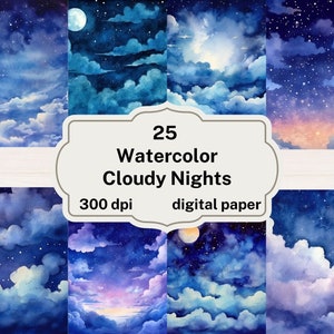 Aquarel Cloudy Nights Digital Paper, aquarel textuur sterrenhemel wolk achtergronden scrapbook papier instant download