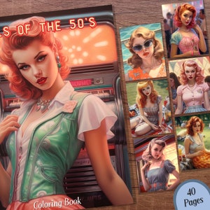 Girls of the 50&#39;s Coloring Book, 40 grayscale nostalgia coloring pages for adults digital download PDF