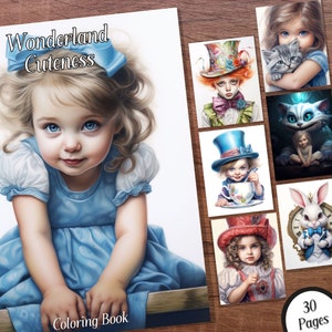 Wonderland Cuteness Coloring Book - 30 Grayscale Printable Adult Coloring Pages in PDF Format - Instant Digital Download