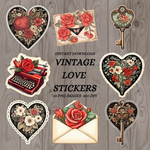 Romanticismo senza tempo - Set di adesivi d'amore vintage Immagini PNG per il download istantaneo