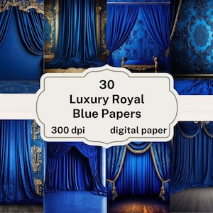 Papel digital azul real de lujo, fondos de cortina adornados azules y dorados, papel de álbum de recortes imprimible, descarga instantánea, uso comercial