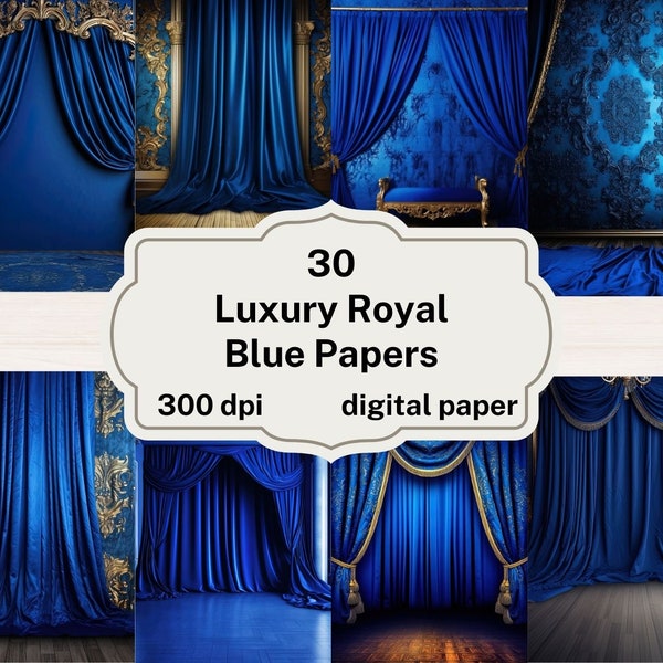 Luxury Royal Blue Digital Paper, blue and gold ornate curtain backgrounds, printable scrapbook paper, instant download, commercial use