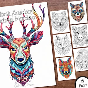 North American Animals Mandala Coloring Book - 45 Grayscale Printable Adult Coloring Pages in PDF Format - Instant Digital Download