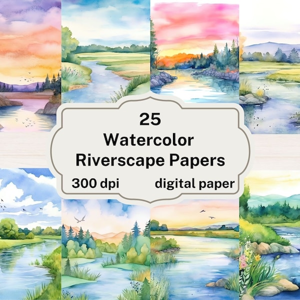 Watercolor Riverscape Digital Paper, watercolor river backgrounds, printable scrapbook paper, instant download, commercial use