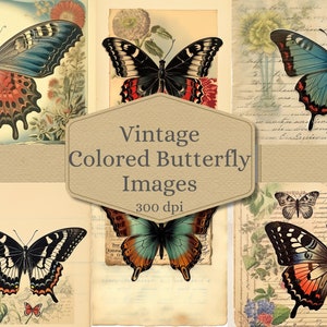 Gekleurde vintage vlinderafbeeldingen, dagboekkaarten Junk Journal afdrukbare kaart maken Ephemera complete set direct downloaden