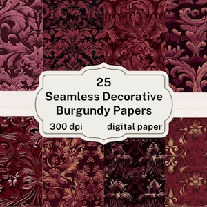 Papier numérique décoratif de Bourgogne, arrière-plans de motif sans couture papier de scrapbooking imprimable téléchargement instantané utilisation commerciale