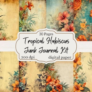 Tropical Hibiscus Flower Journal Kit, printable 8.5x11 inch junk journal paper digital download