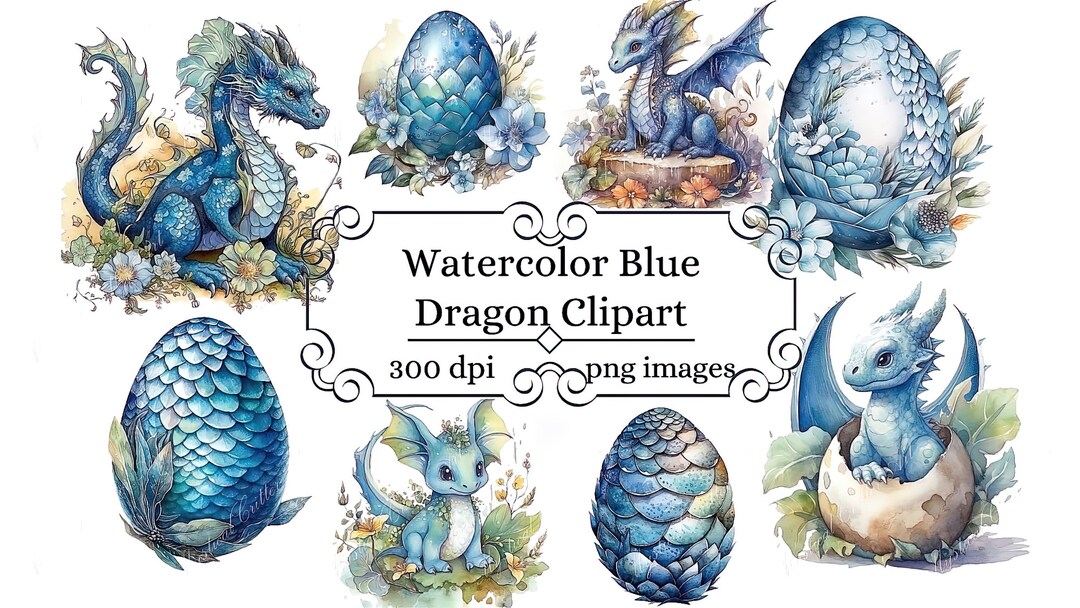 Blue Watercolor Baby Dragon Clipart, Fantasy Floral Cute Dragon Clip ...