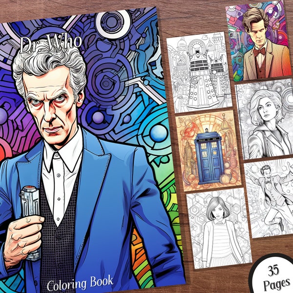 Doctor Who Coloring Book, 37 grayscale coloring pages for adults and kids printable PDF digital download