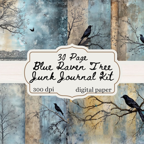 Blue Raven Tree Junk Journal Kit, 30 instantly printable pages, and extras, digital download