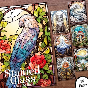 Stained Glass Coloring Book - 26 Grayscale Printable Adult Coloring Pages in PDF Format - Instant Digital Download