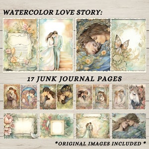 Pagine di diario spazzatura di storia d'amore ad acquerello romantiche stampabili per scrapbooking bellissimi disegni per conservare la memoria, download istantaneo