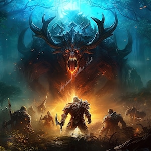 May include: Digital fantasy artwork of a battle scene in a dark forest. A large, horned creature with glowing red eyes dominates the scene, facing a group of armored figures. The artwork uses dramatic lighting and fiery accents.