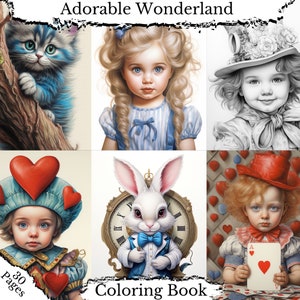 Adorable Wonderland Coloring Book - 30 Grayscale Printable Adult Coloring Pages in PDF Format - Instant Digital Download