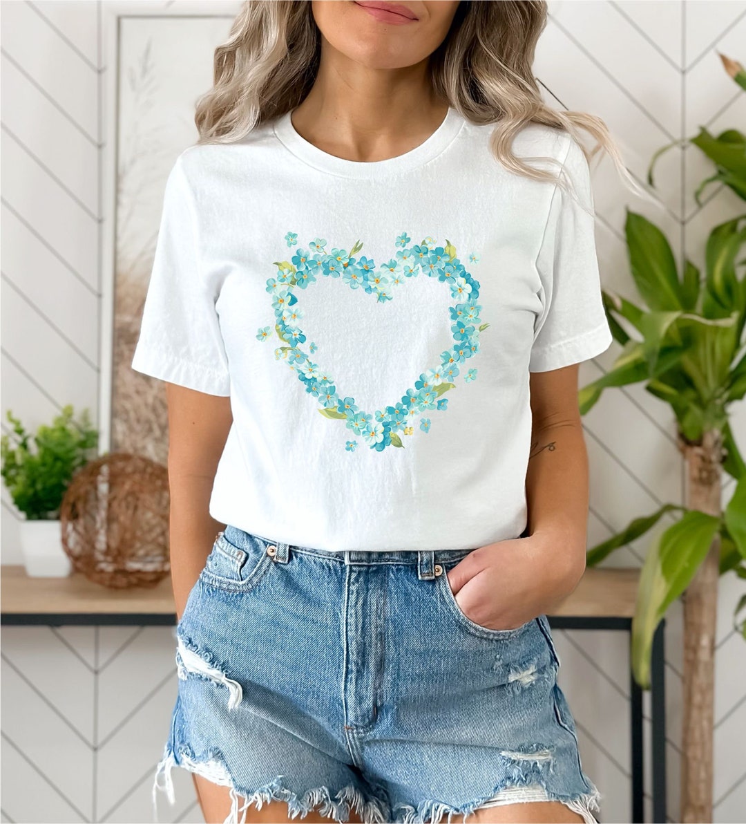 Heart Floral T-shirt Blue Heart T-shirt Trendy Women's - Etsy