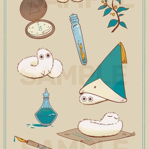 May include: Illustration featuring whimsical cartoon elements. Includes a compass, fluffy white creatures with eyes, a potion bottle, a sprig of berries, a hat, a bottle of blue liquid, a quill, and a piece of paper. The text "SAMPLE" is visible throughout the image, and the artist's name is at the bottom.