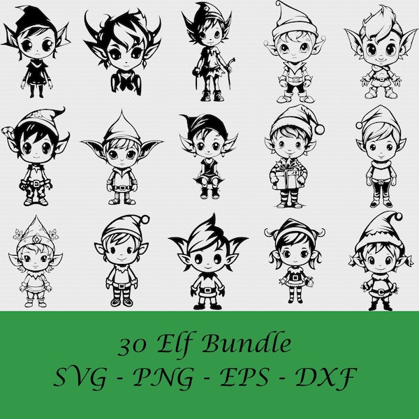 Enchanting Elf SVG Bundle: 30 Elf Silhouette Images - Instant Download Elf Clipart Set for Crafts and Decor - Whimsical Elf Collection
