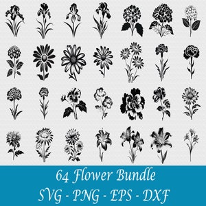 Vibrant Flower SVG Bundle: 64 Flower Silhouette Images - Instant Download Floral Clipart Set for Crafts and Decor-Blooming Flower Collection