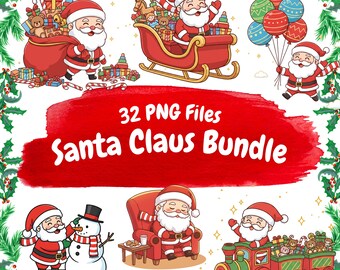Cute Santa Claus Clipart Bundle | 32 Kawaii Christmas PNG (Digital Download)