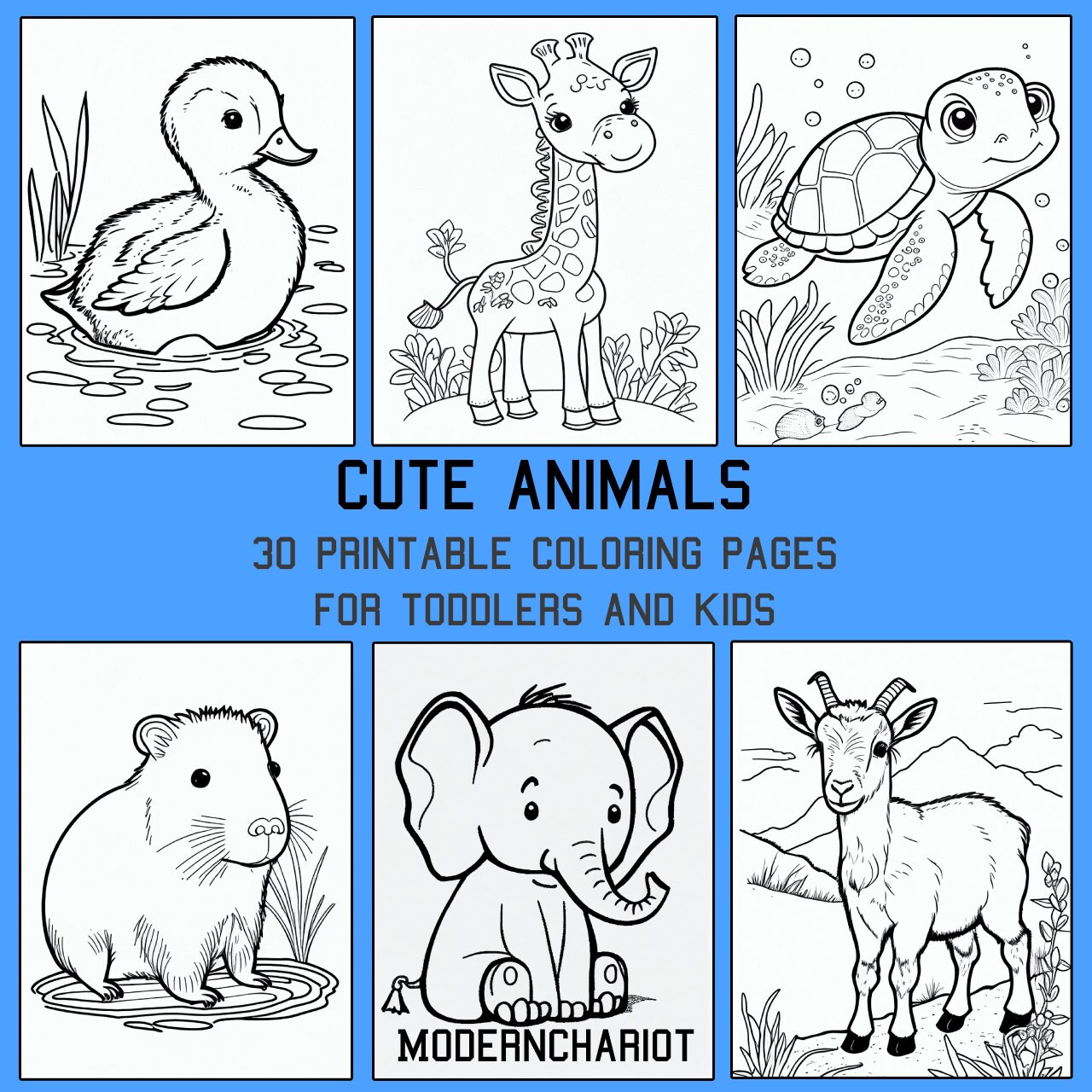 Printable Cute Animals Coloring Pages , 30 High Quality Pages, for