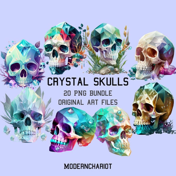 Crystal Skulls Clip Art, 20 High Quality PNGs, Transparent Background, Crystal Skulls PNG, Commercial Use, Digital Art
