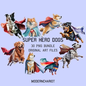 Super Hero Hunde Clip Art, 30 hochwertige PNGs, transparenter Hintergrund, Aquarell Superhelden Hunde PNG, kommerzielle Nutzung, digitale Kunst